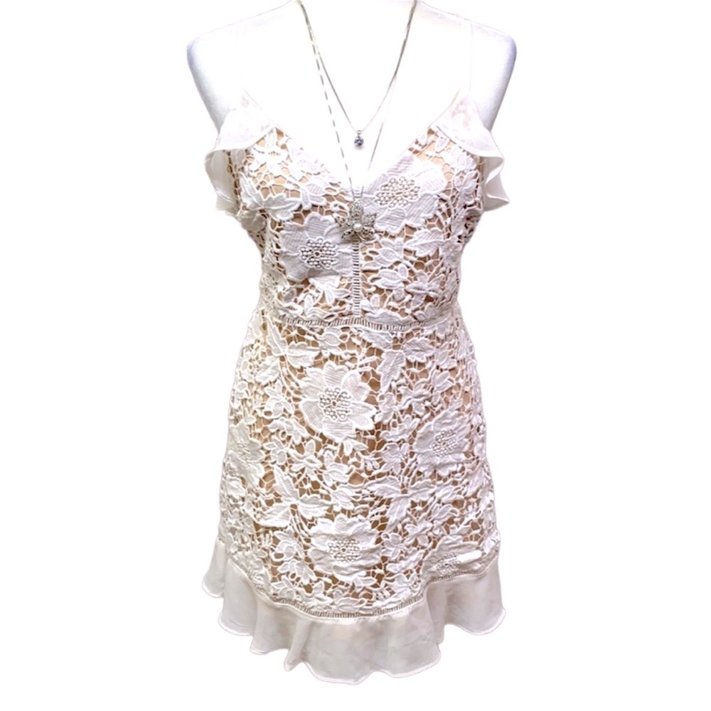 Lush White Floral Lace Over Nude With Flounce Hem